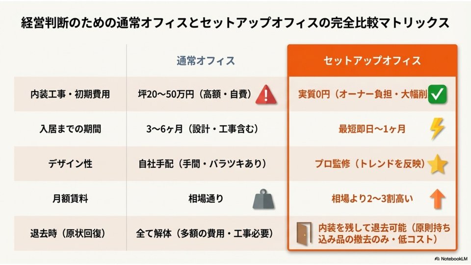 経営判断のための通常オフィスとセットアップオフィスの完全比較マトリックス