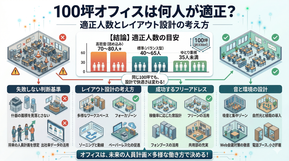 100坪オフィスは何人が適正?適正人数とレイアウト設計の考え方