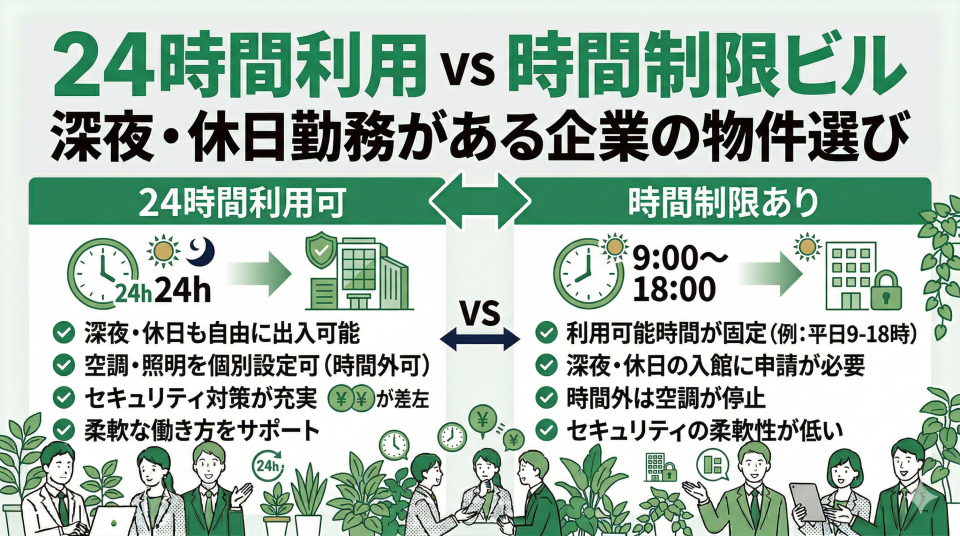 オフィスの24時間利用と時間制限ビルの違い|深夜・休日勤務の物件選び