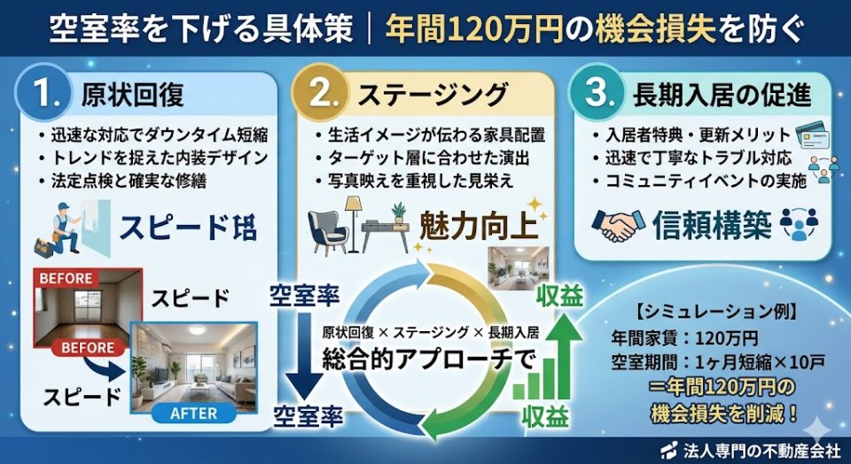 空室率を下げる具体策|年間120万円の機会損失を防ぐ原状回復・ステージング・長期入居の方法