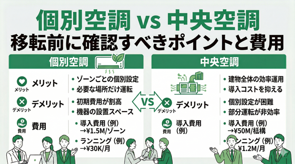 オフィスの個別空調と中央空調の違い|費用・使い勝手・確認ポイント