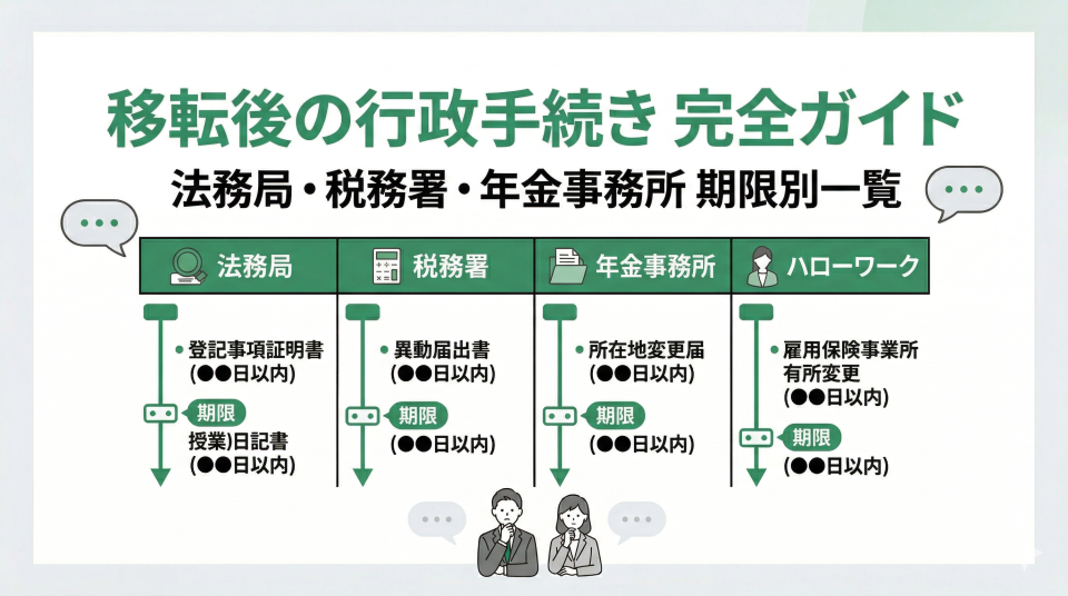 オフィス移転後に必要な行政手続き完全ガイド｜法務局・税務署・年金事務所など期限別一覧