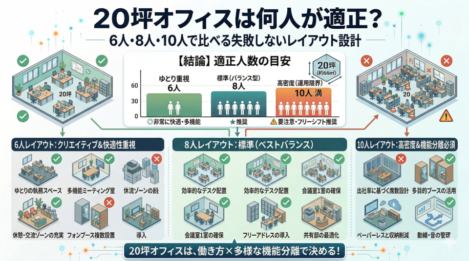 20坪オフィスは何人が適正?狭く感じる原因と失敗しない設計の考え方