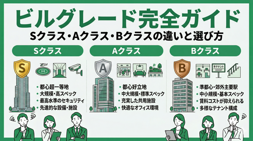 賃貸オフィスのビルグレード完全ガイド|Sクラス・Aクラス・Bクラスの違いと選び方