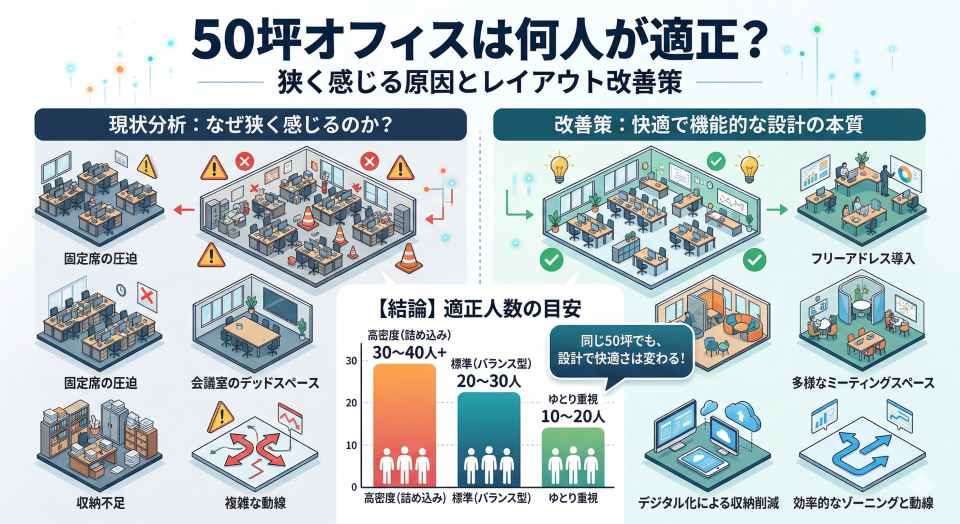 50坪オフィスは何人が適正?狭く感じる原因とレイアウト改善策