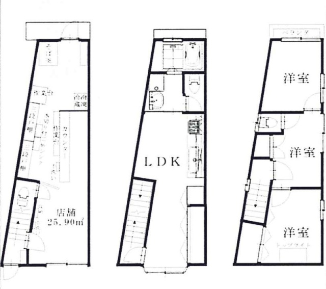 本岡住居付店舗ビル1F～3F 間取り図