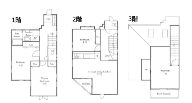 鉢山町D棟戸建てビル1F～3F 間取り図