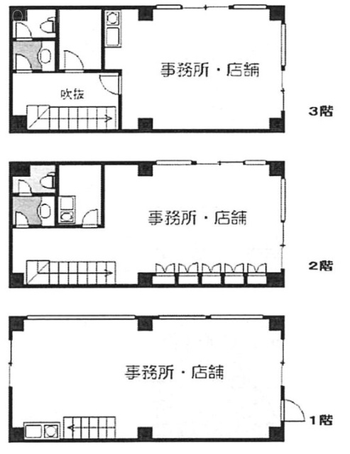 中延4丁目事務所ビル1F～3F 間取り図