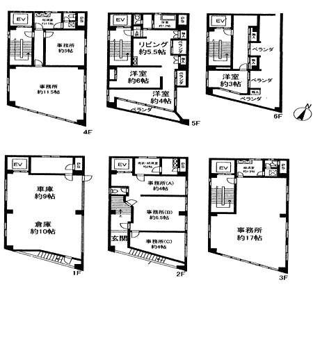 秋山ビル1F～6F 間取り図