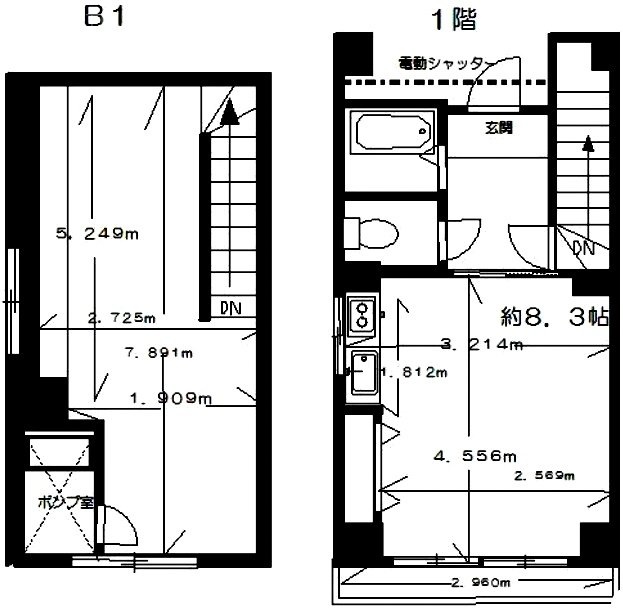 鹿野荘B1F～1F 間取り図