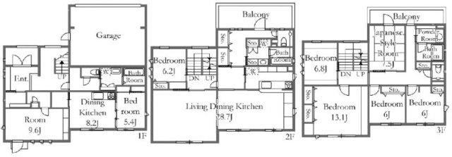 代官山戸建1F～3F 間取り図