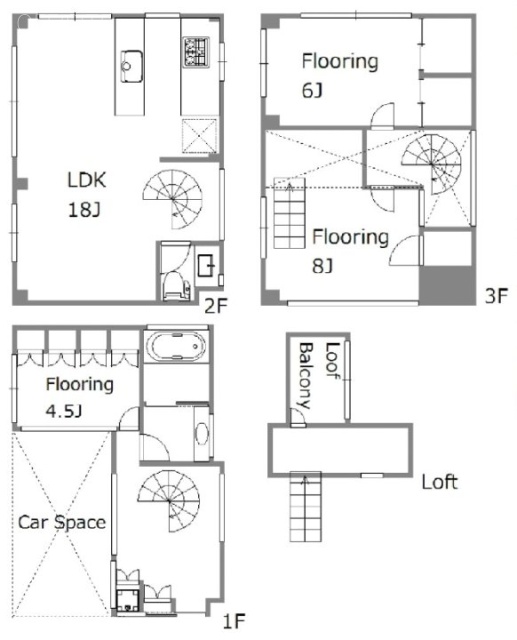 池尻三丁目戸建1F～3F 間取り図