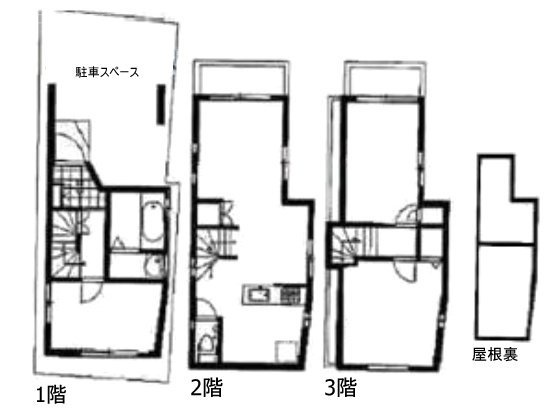渋谷区本町戸建1F～3F 間取り図