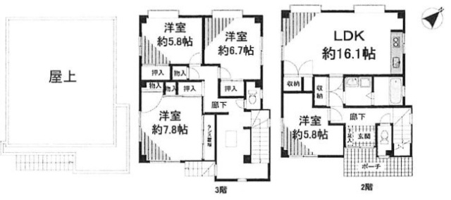 目黒区三田2丁目戸建2F～3F 間取り図