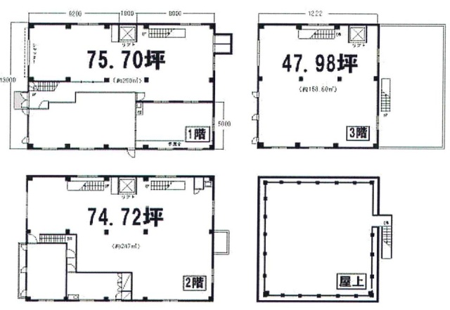 東久留米倉庫付事務所ビル1F～3F 間取り図