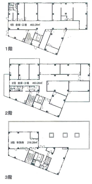 忠生倉庫・工場ビル1F～3F 間取り図