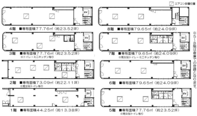 ライジングビル日本橋1F~8F 間取り図