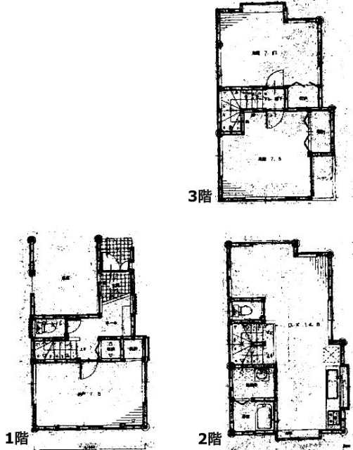 東山1丁目貸家1F～3F 間取り図